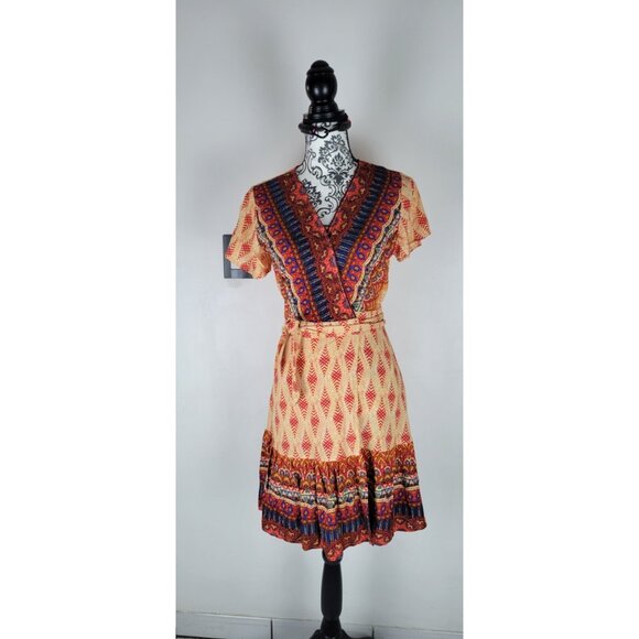 Zesica Women's Bohemian Colorful Wrap Dress V-Neck Short Sleeve Medium - Picture 2 of 13